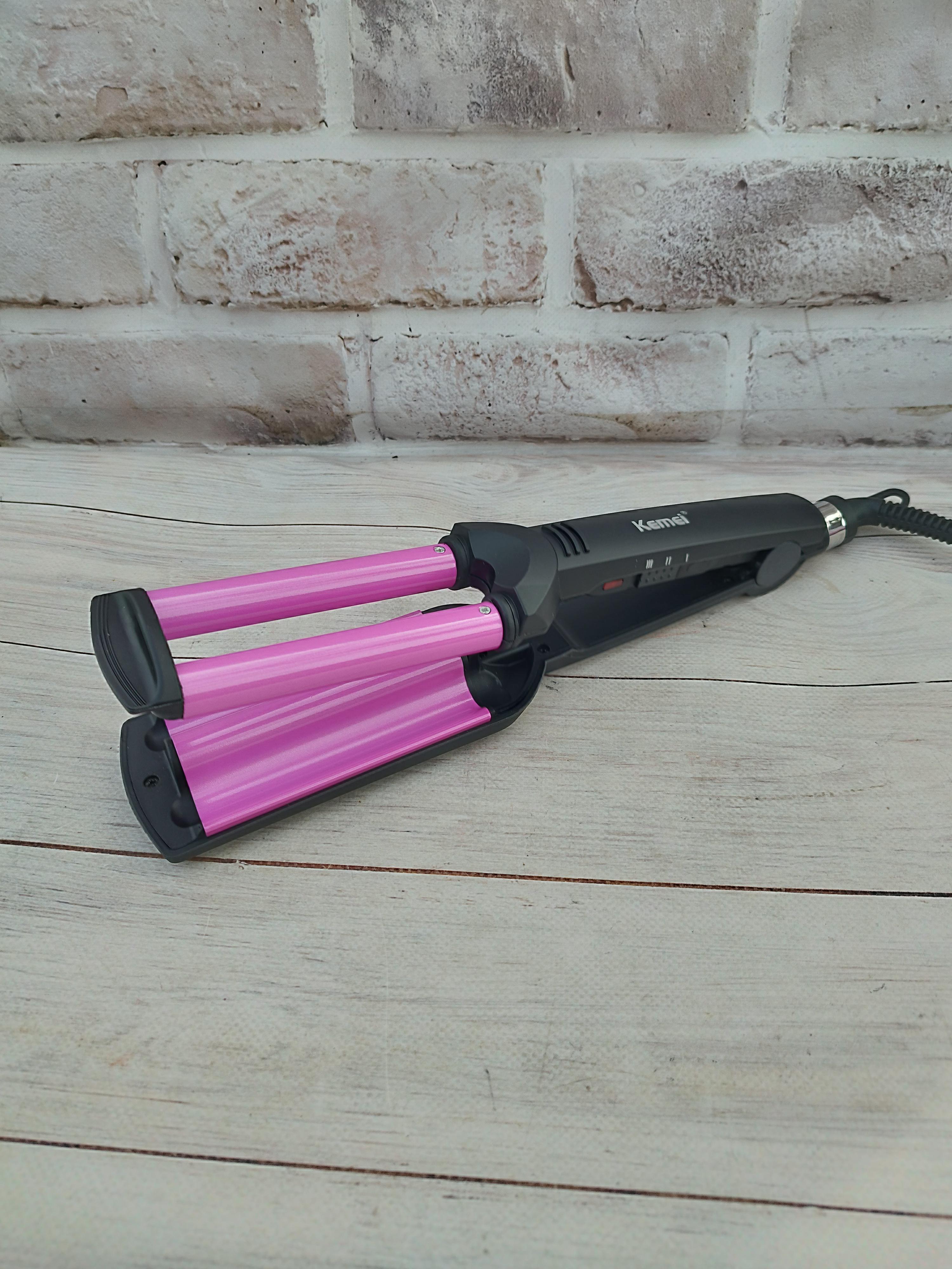 Плойка для волос Kemei 3 волны Черный с розовым (Km-2022)