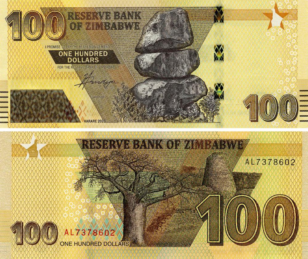 Коллекционная банкнота Зимбабве 100 долларов 2023 UNC (PW103)
