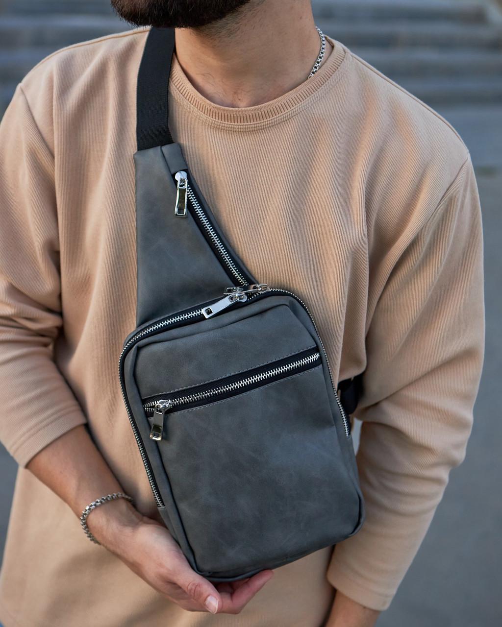 Сумка слинг кожаная на 4 отделения Серый (375697035)