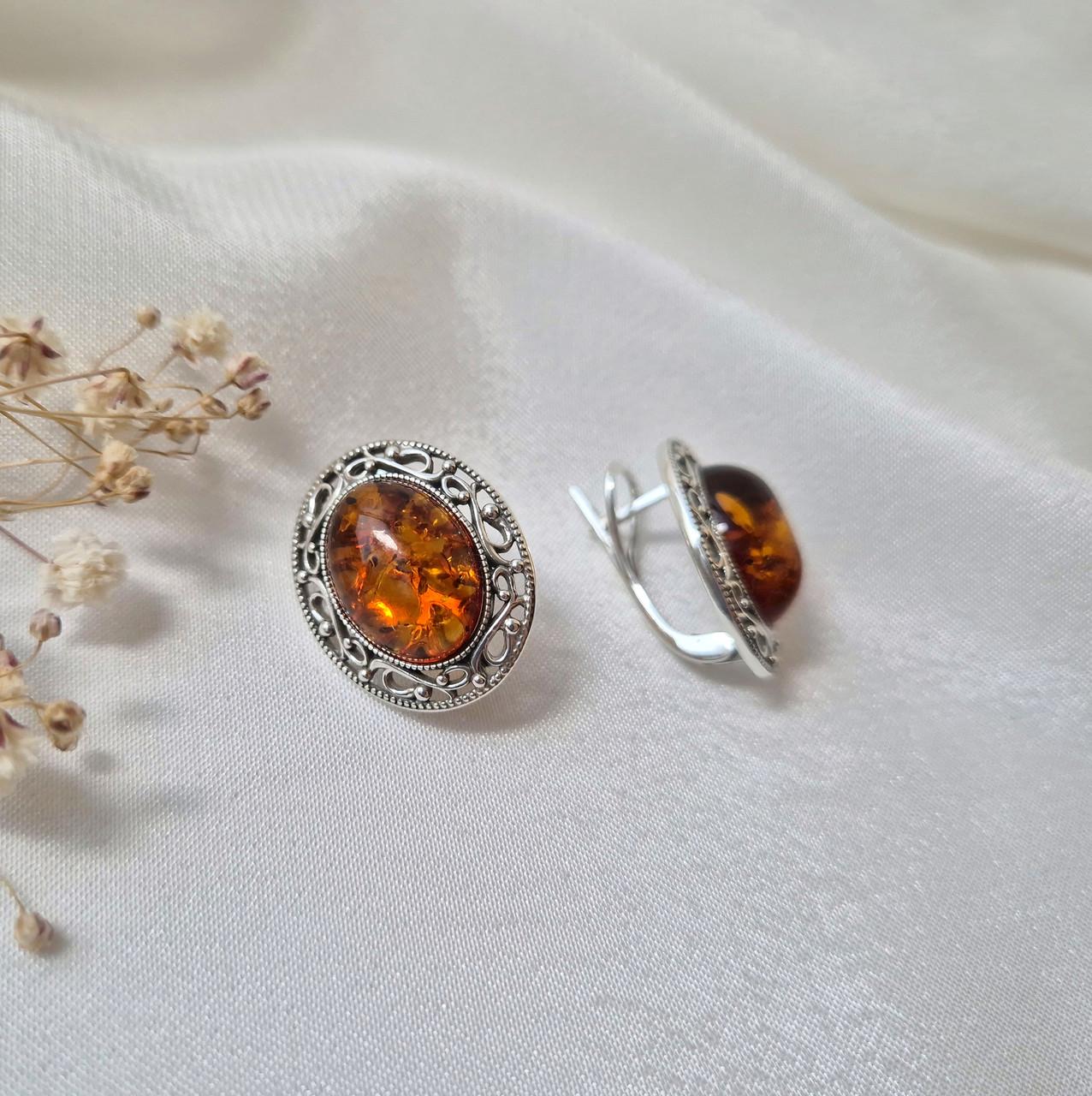 Серьги ажур с янтарем серебро 925 пробы черненное 8,81 г (708с)