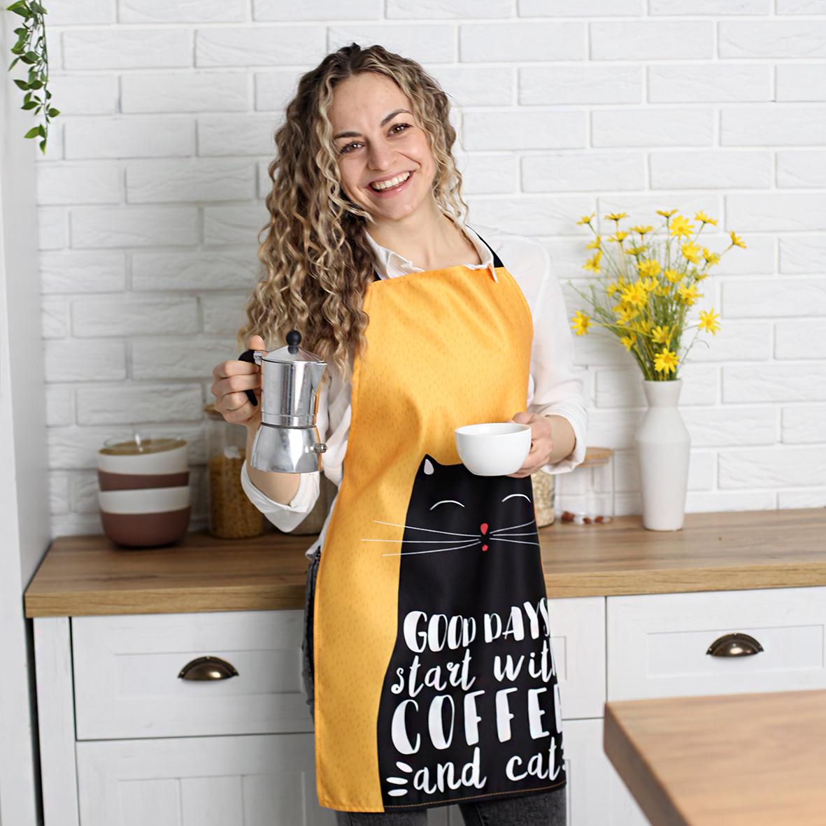 Фартук полноцветный Сolorful Good days start with coffee and cat 75х51 см (FRTC_21M003) - фото 3 Фартук полноцветный Сolorful Good days start with coffee and cat 75х51 см (FRTC_21M003) - фото 3