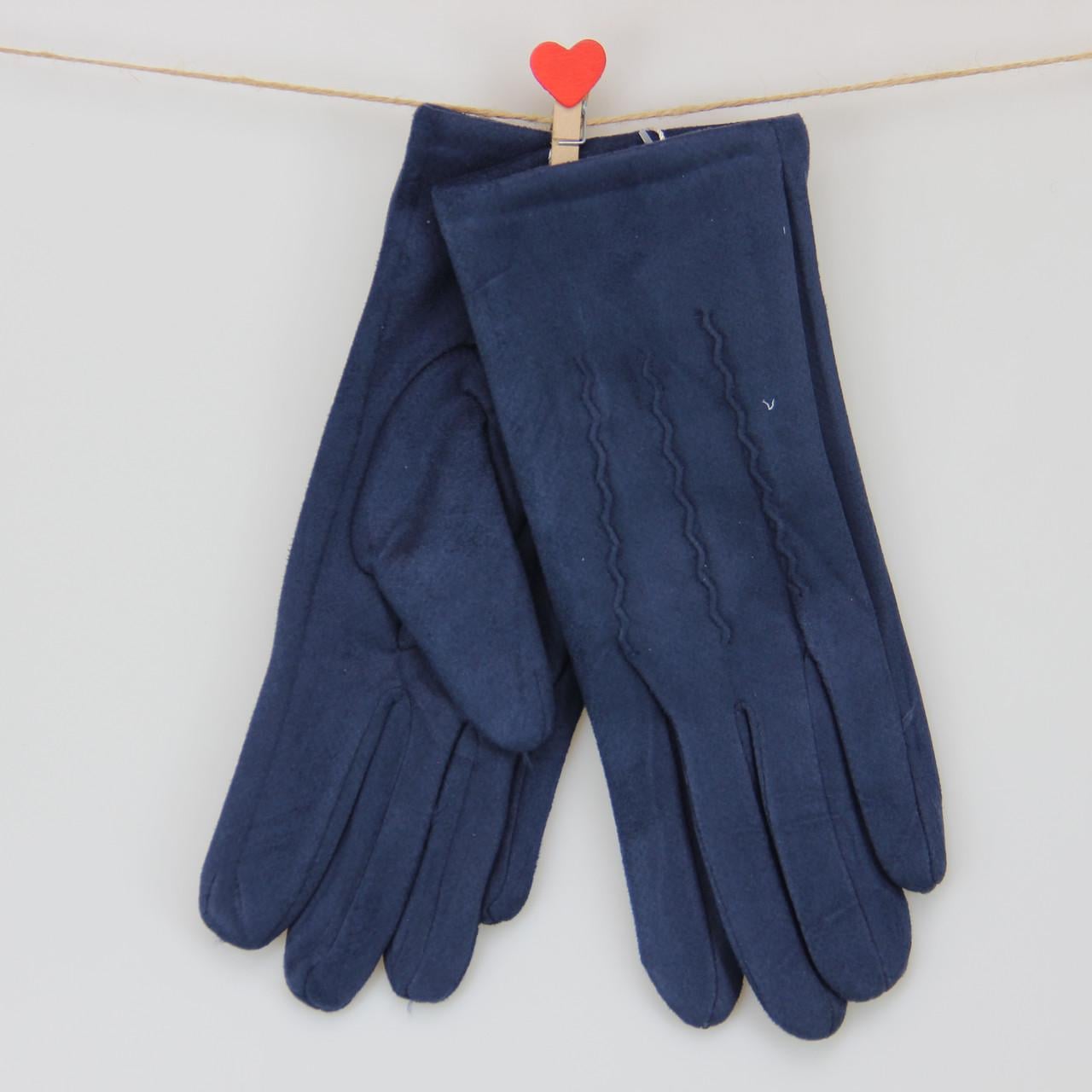 Перчатки женские шитые велюровые с мехом с волной S-M Синий (31252)