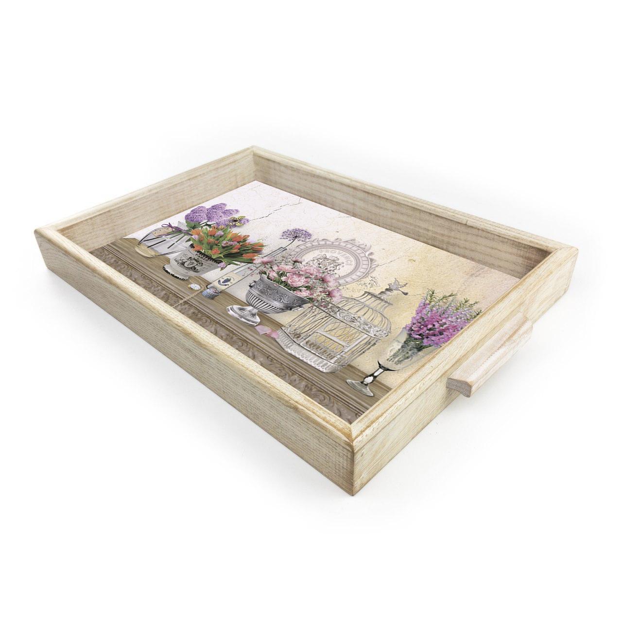 Поднос деревянный с ручками Букет тюльпанов и дельфиниумов 20х30 см (ппр0304бу20х30)