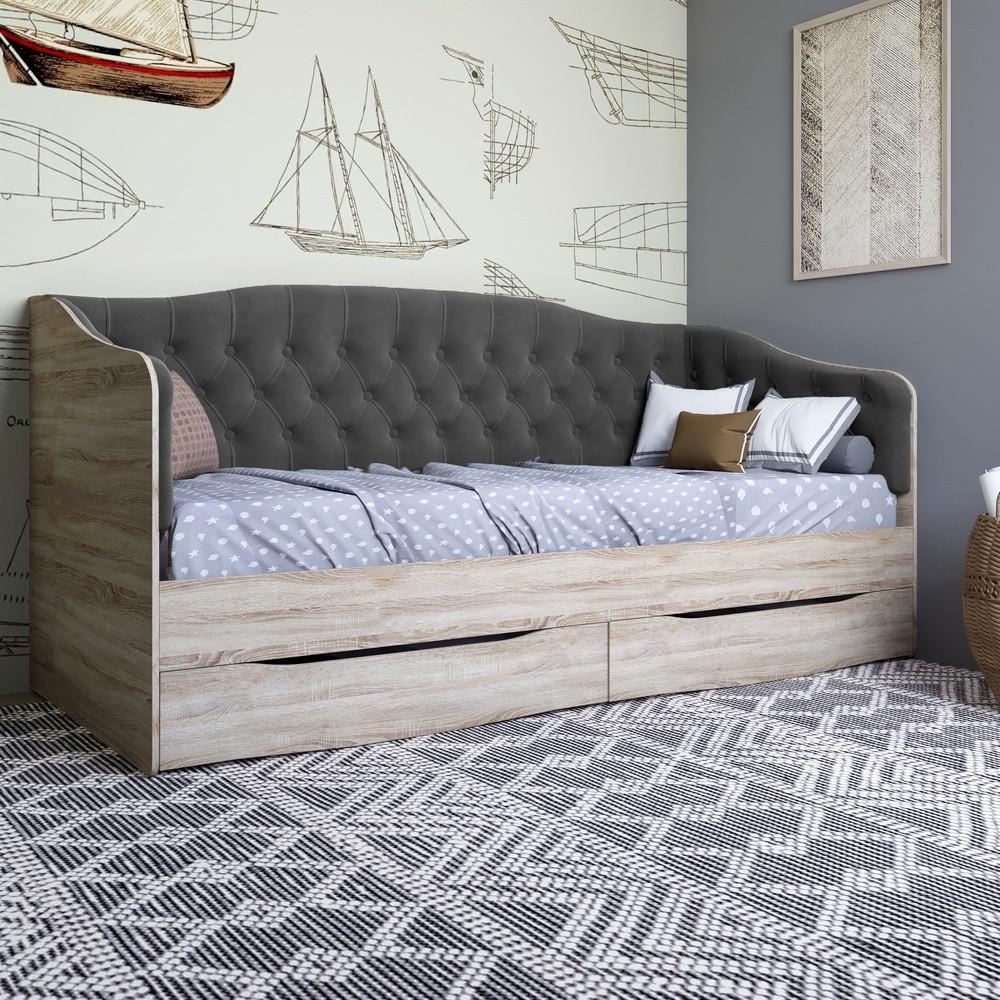 Кровать детская односпальная Lion Л-9 с мягкой спинкой и выдвижными ящиками 190x90 см Дуб сонома/Лили-95 (Lion-041491)