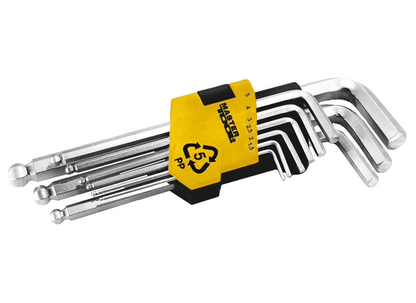 Ключи шестигранные с шариковым концом MasterTool CrV 1,5–10 мм 74/172 мм 9 шт. (75-0957) Ключи шестигранные с шариковым концом MasterTool CrV 1,5–10 мм 74/172 мм 9 шт. (75-0957)