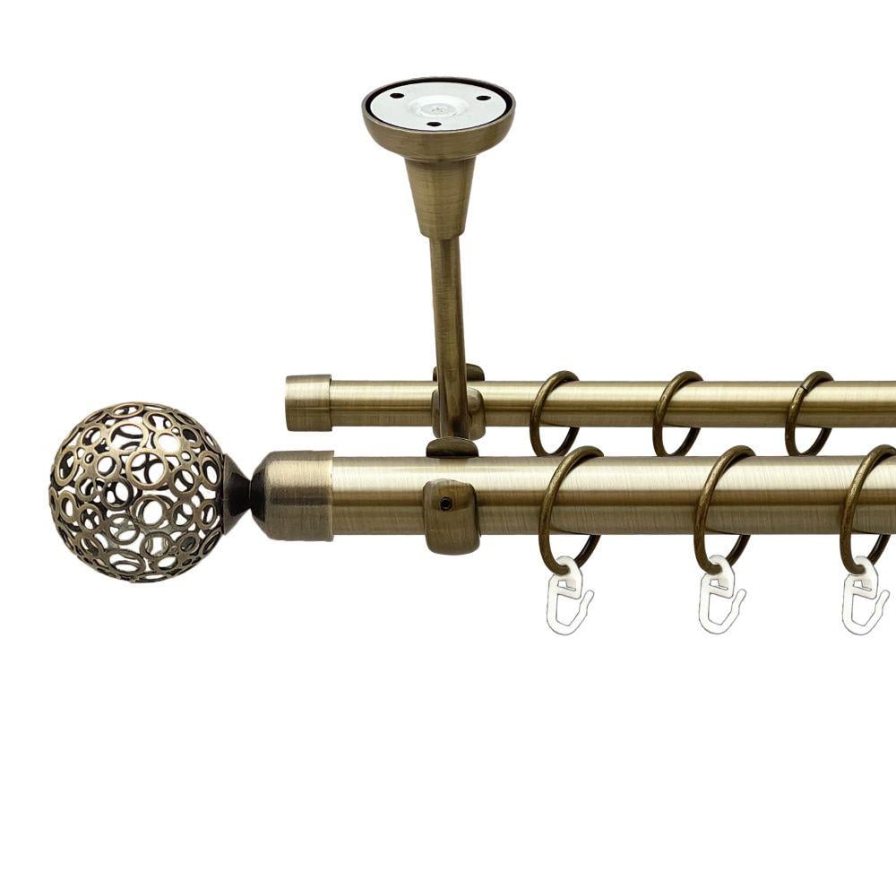 Карниз металлический Orvit Савона двухрядный открытый к потолку/гладкая труба/кольцо металлическое Антик 25/16 мм 200 см (00-00018539)