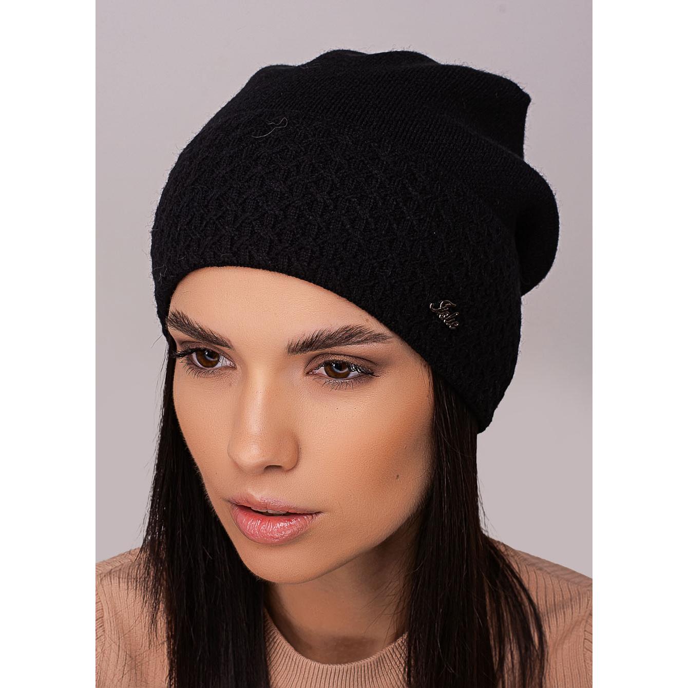 Шапка жіноча Leks ПОЕЗІЯ шерстяна утеплена флісом з візерунком на відвороті ззаді зчіплена one size Чорний (271947) - фото 1