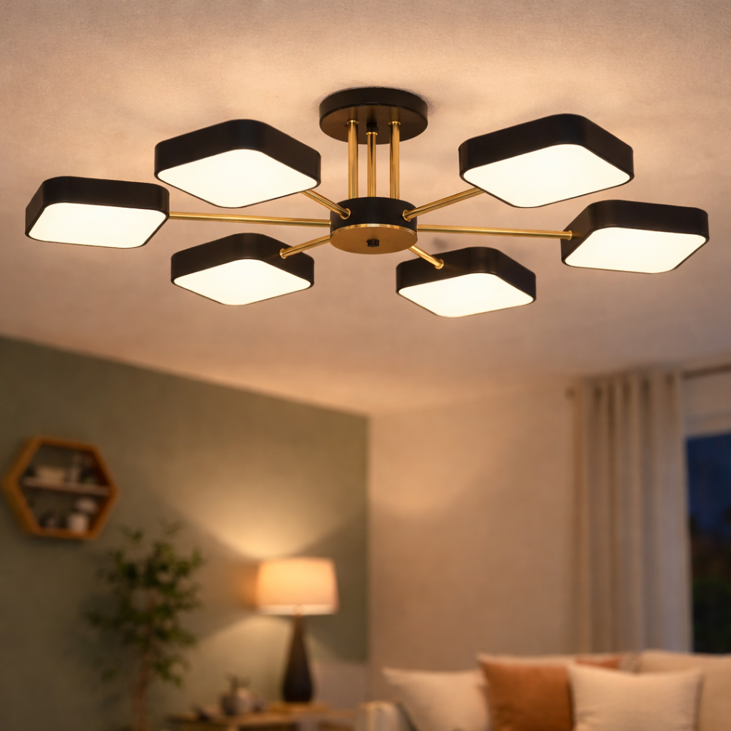 Люстра светодиодная Valeso 65W на шесть квадратных плафонов 3000K-6500К с пультом Черный/Золотой (B XI3366-6 BK+FGD)