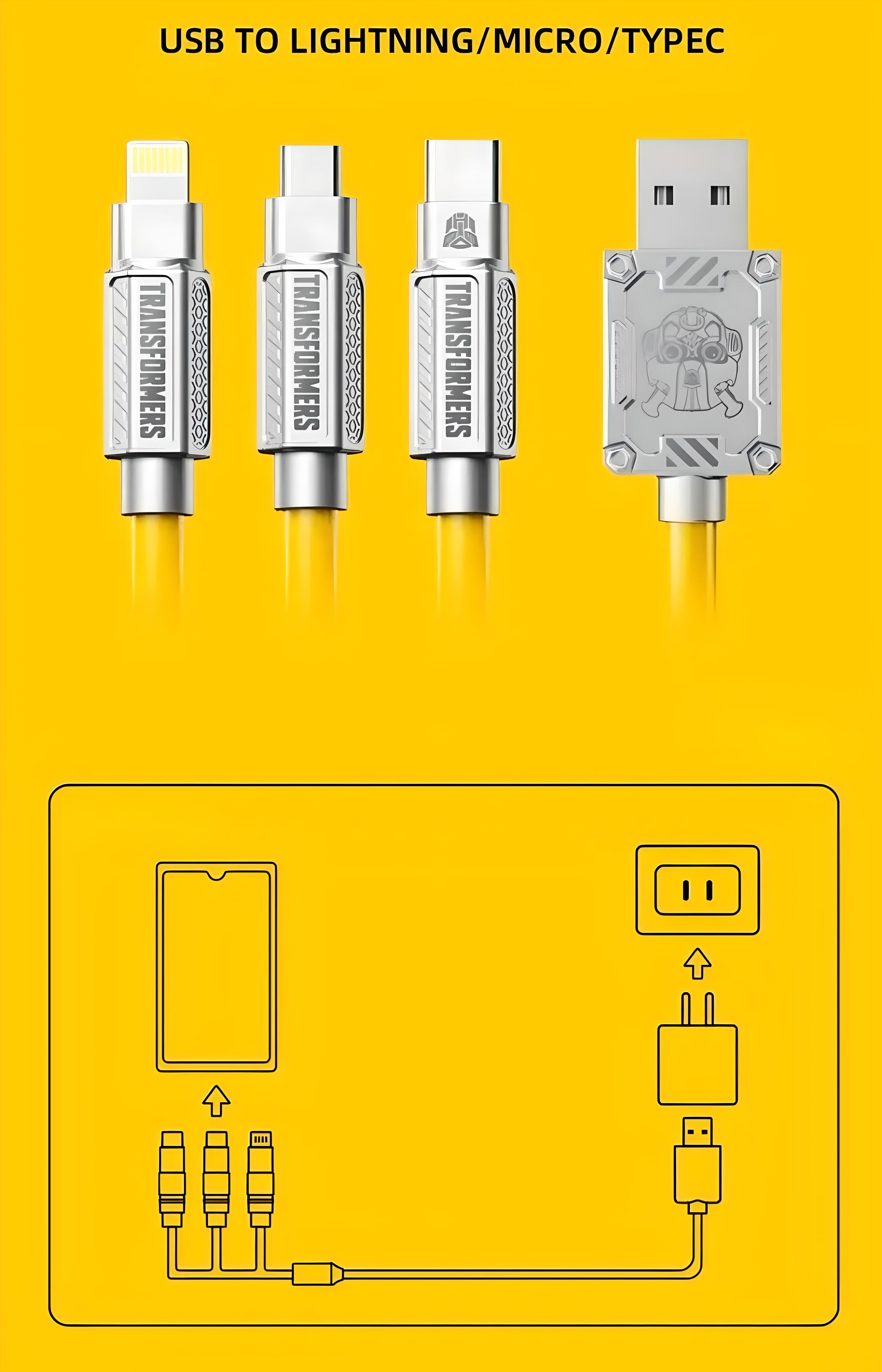 Кабель зарядный TRANSFORMERS USB/Type-C/Lightning/MicroUSB прорезиненный 1,2 м Желтый - фото 6