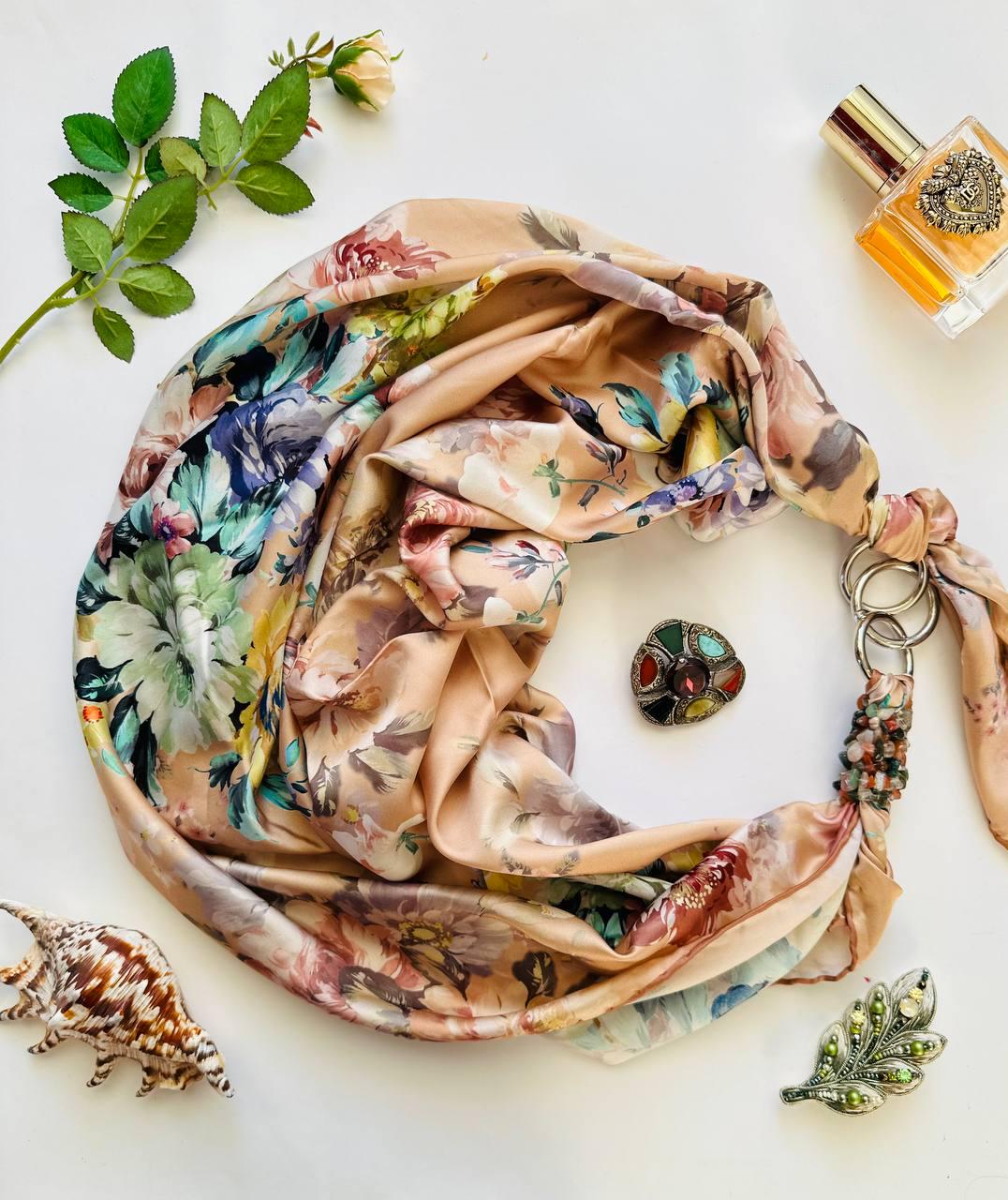 Хустка шовкова дизайнерська My Scarf Квіти Парижу 90x90 см з натуральною яшмою (32524399)