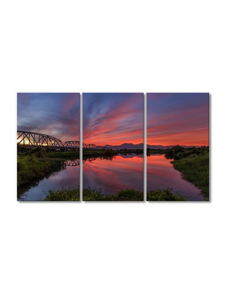 Картина модульная Пейзаж Красный закат мост 3 модуля 80x120 см
