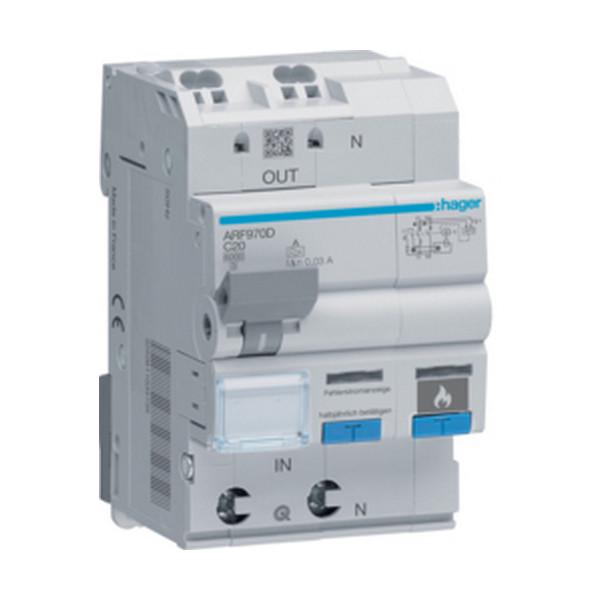 Дифавтомат Hager с дуговой защитой AFDD 2 полюса 1P+N тип С 20A/30mA/6kA ARF970D (73442)