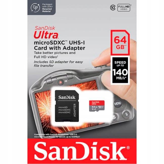 Карта памяти microSDXC SanDisk Ultra адаптер/Гб64 (SDSQUAB-064G-GN6IA) - фото 4