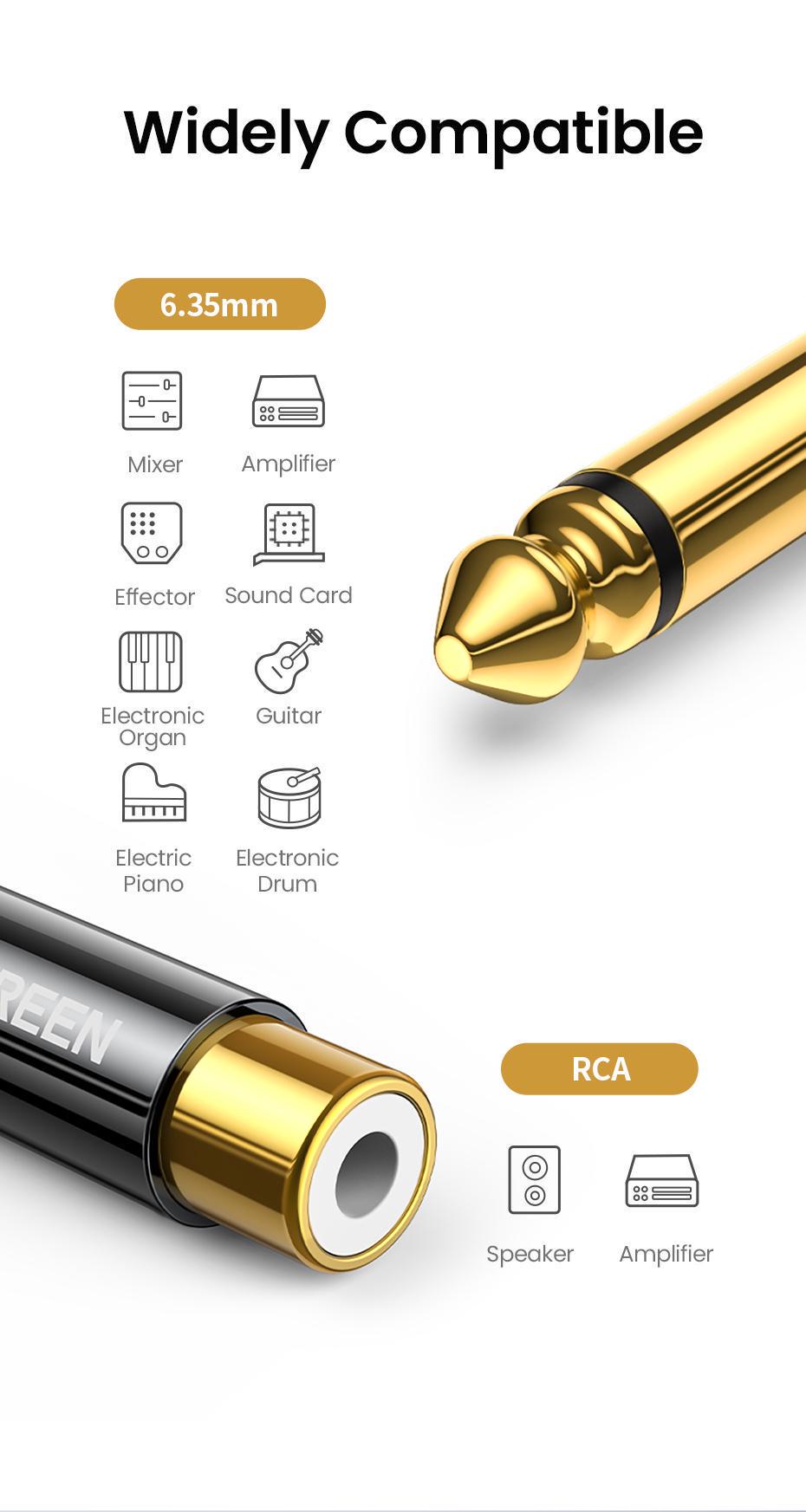 Кабель UGREEN 6,5 мм Jack-RCA 6.35 мм AUX Hi-Fi тюльпан Золотий (80731) - фото 5