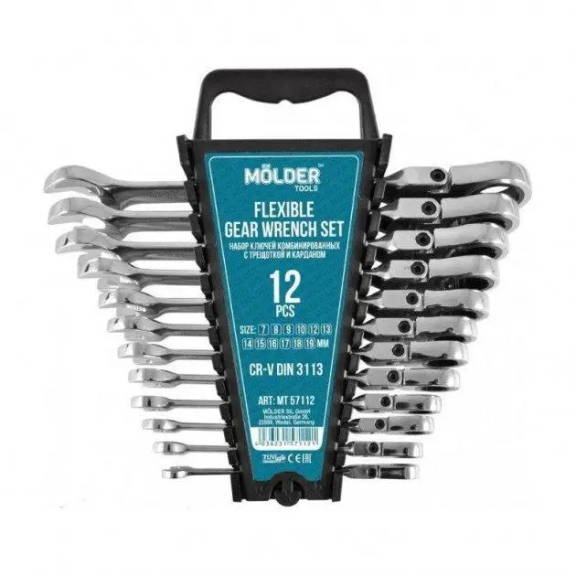 Набор ключей рожковых-накидных с трещоткой шарнирный Molder сталь CR-V 7-19 мм 12 шт. (MT57112) Набор ключей рожковых-накидных с трещоткой шарнирный Molder сталь CR-V 7-19 мм 12 шт. (MT57112)