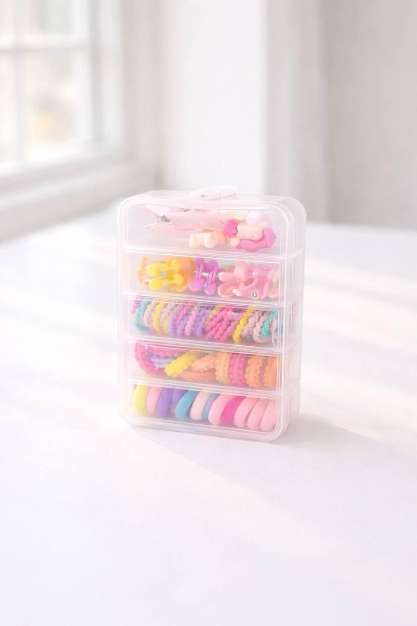 Набор аксессуаров для волос резинки/минизаколки и крабики в боксе Разноцветный (2905896321)