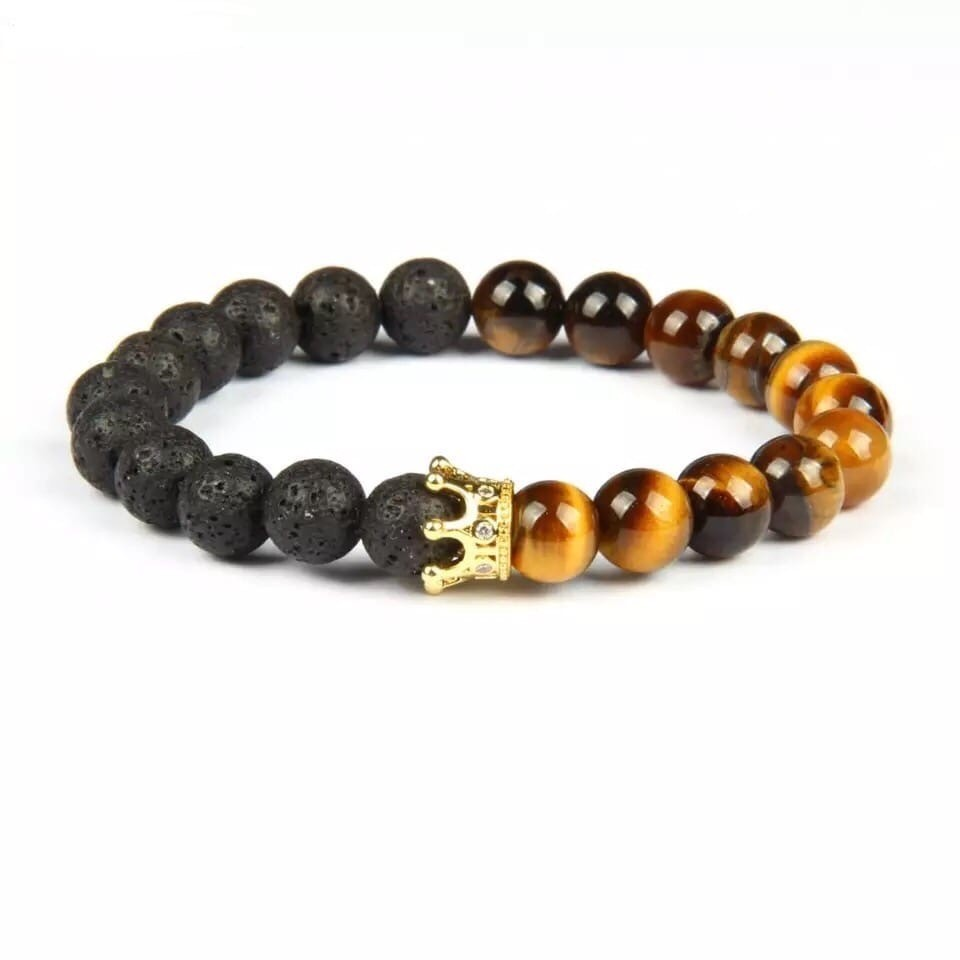 Браслет з тигрового ока та лавового каменю з короною р. 23 (30037)