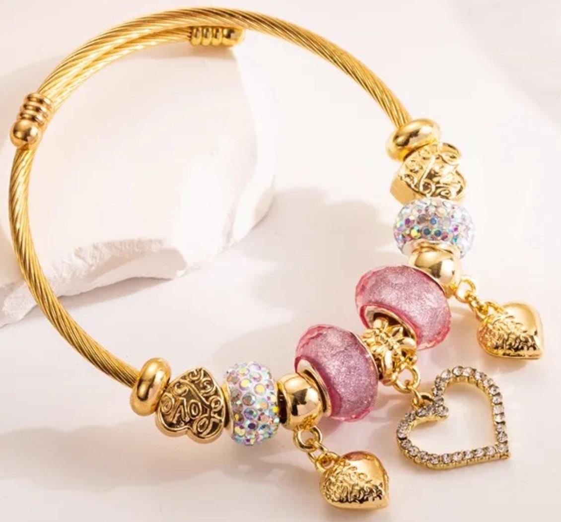 Браслет Twisted Rope с подвесками в форме сердец и шармами Pink/Gold (2761666799)