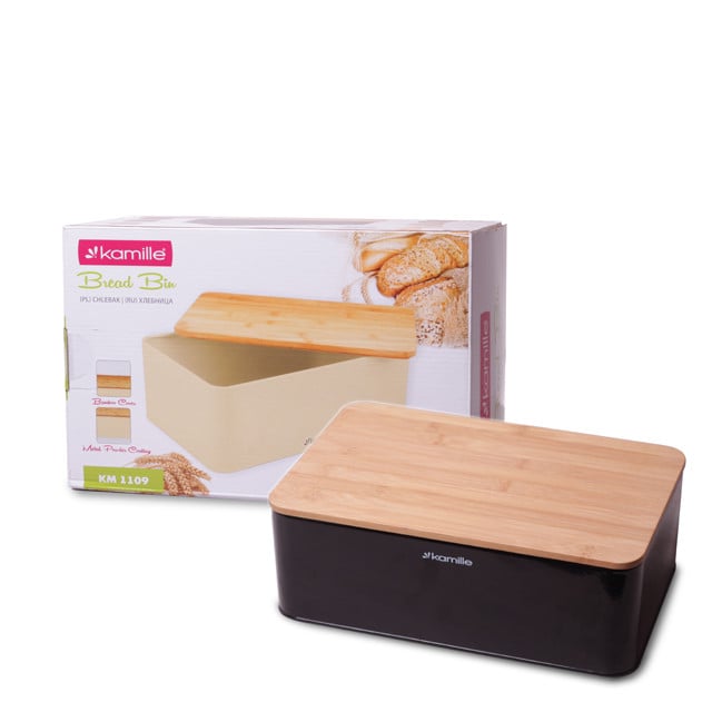 Хлебница Kamille 33 см из нержавеющей стали с бамбуковой крышкой Черный KM-1109CH