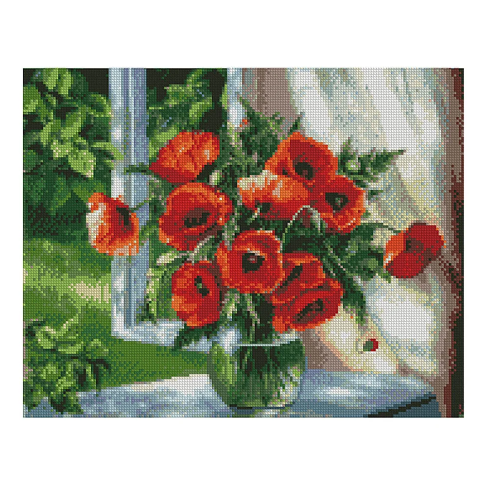 Алмазна мозаїка Strateg Квіти Маки на підвіконні 40х50 см полотно на підрамнику (FA10423-mt) Алмазна мозаїка Strateg Квіти Маки на підвіконні 40х50 см полотно на підрамнику (FA10423-mt)