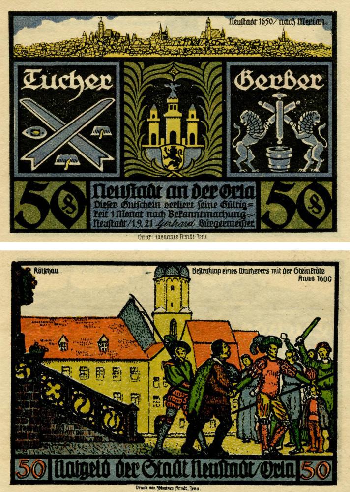 Коллекционная банкнота Германия Нотгельд 50 пфеннигов 1921 F-VF Нойштадт Разновидность 7 (Б18789)