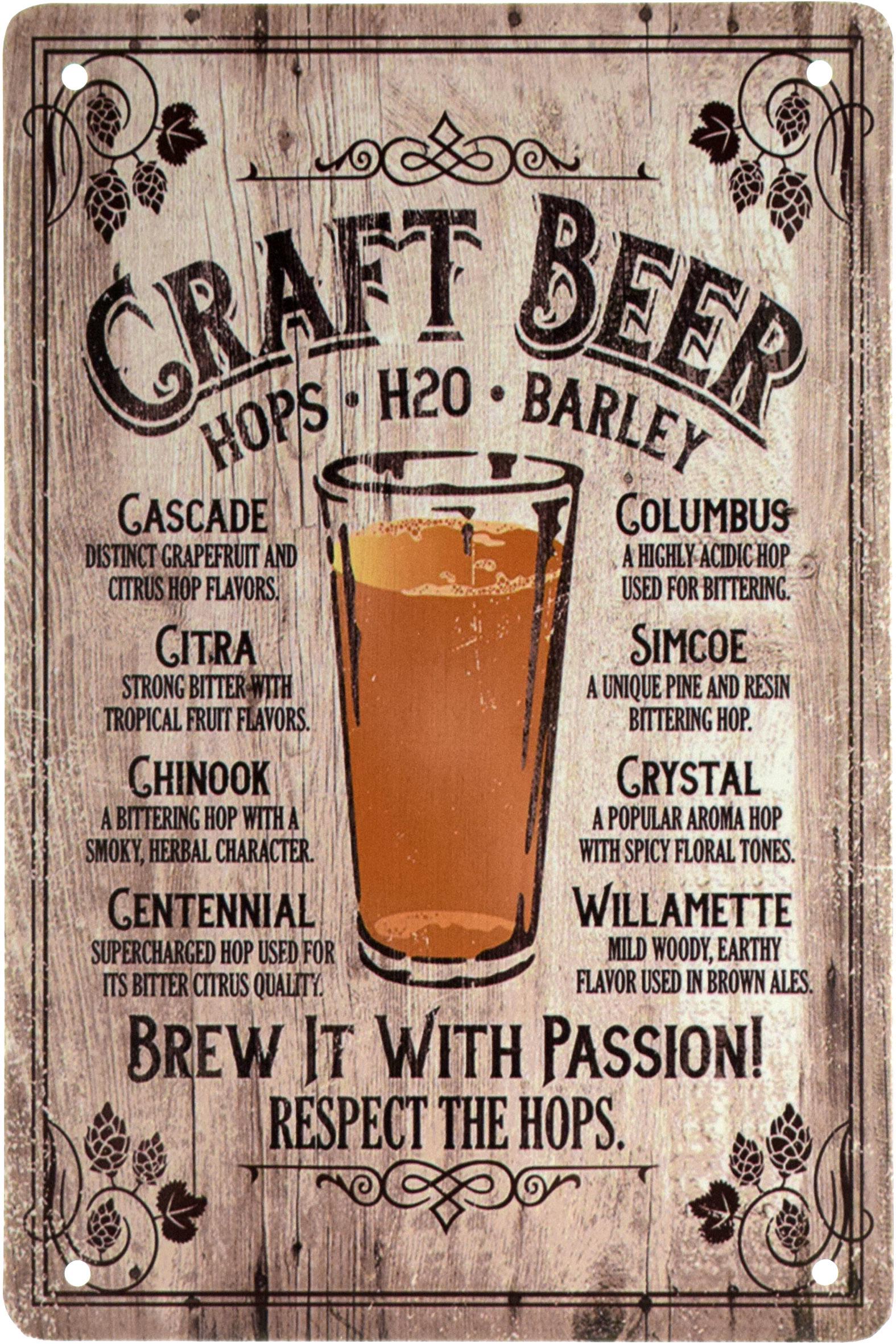 Табличка металлическая Крафтовое Пиво Хмель, H2О, Ячмень/Craft Beer Hops, H2О, Barley 20x30 см