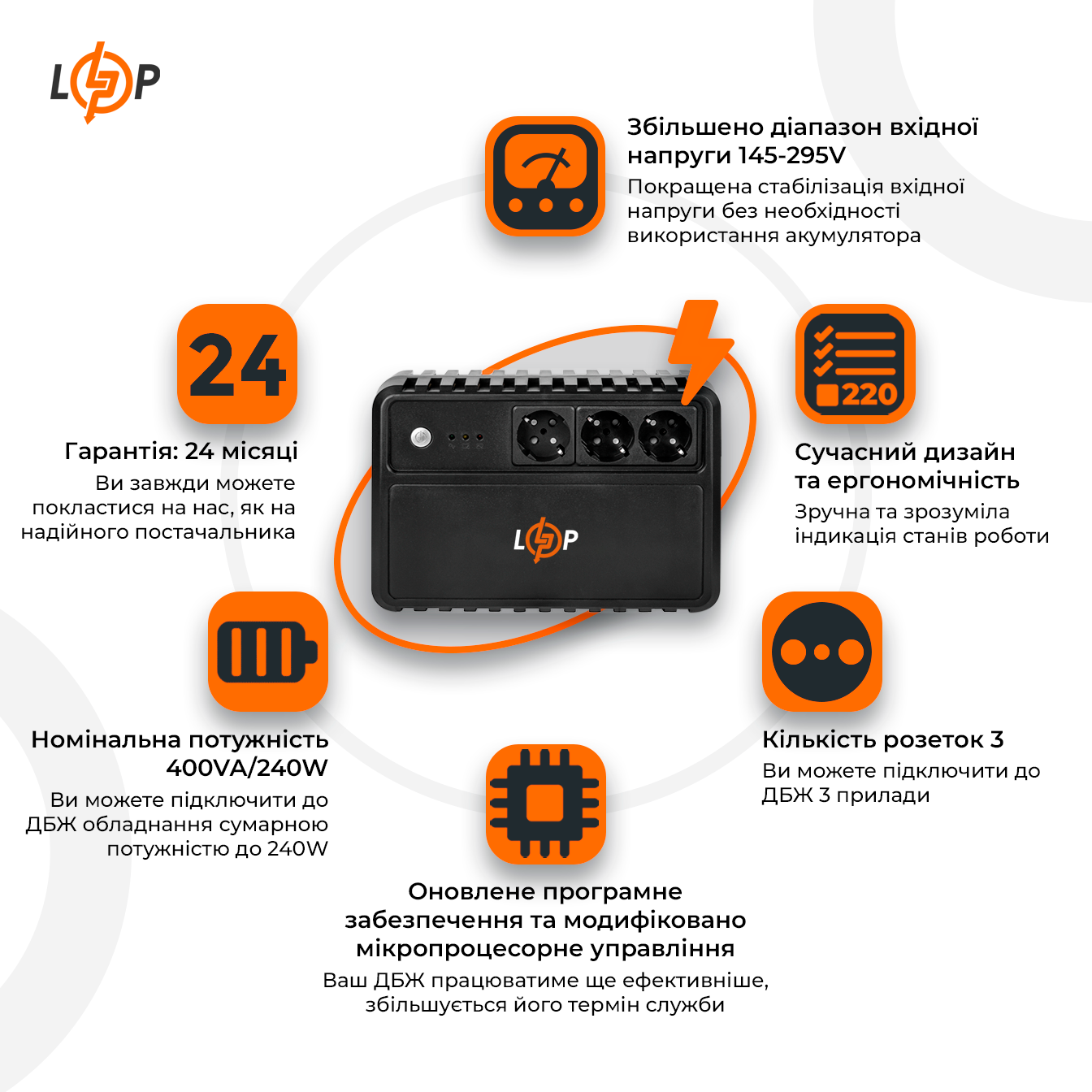 Источник бесперебойного питания LogicPower LP-400VA-3PS линейно-интерактивный 240 Вт (16157) - фото 2