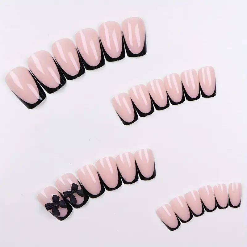 Накладные ногти Френч с 3D бантиком короткий квадрат с клеевыми пластинами 24 шт. Черный с бежевым (2689612579) - фото 6