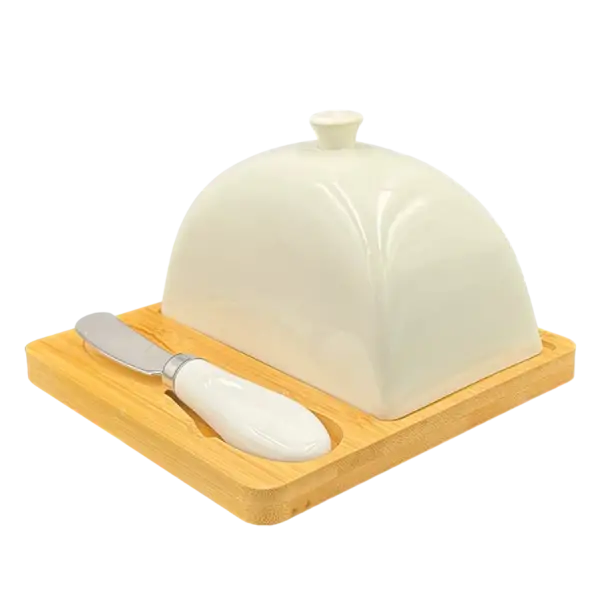 Масленка для сервировки стола YIWU керамическая с крышкой и ножом 15х15х9 см Белый (147-107-HP1255)