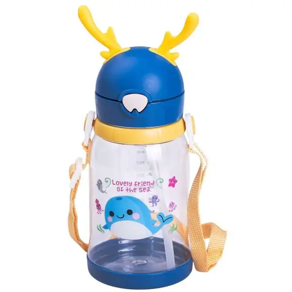 Пляшка для води дитяча на ремінці з трубочкою для спорту та школи 550 мл Синій (6765)
