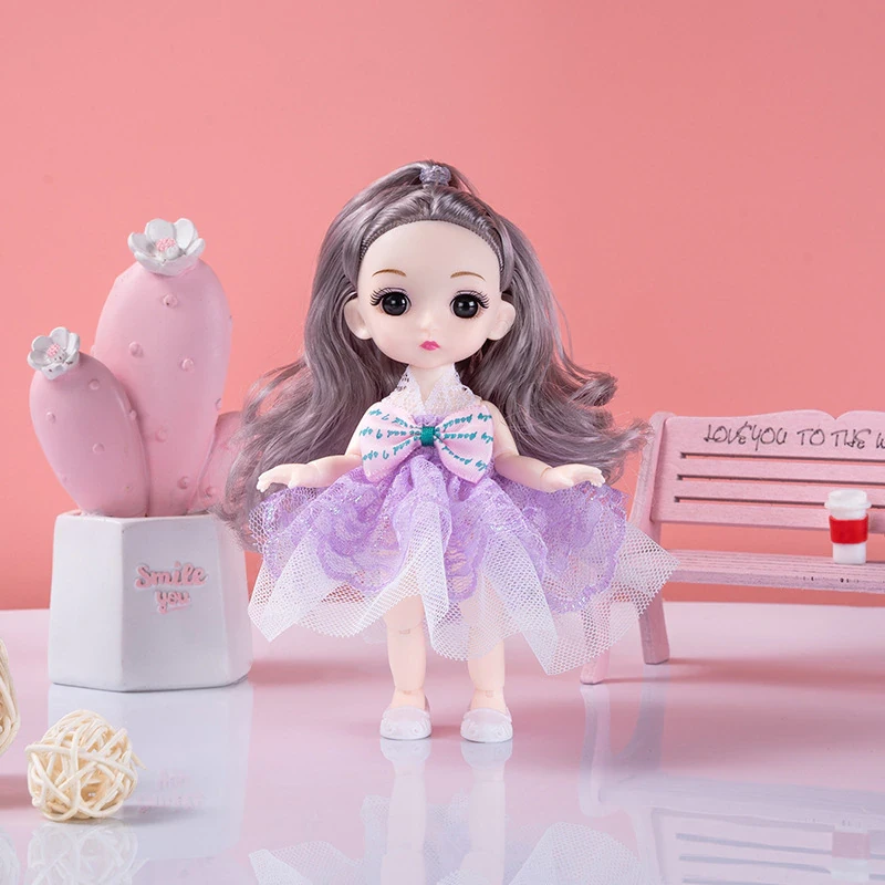 Лялька BJD К102 з карими очима та попелястим волоссям у бузковій сукні 16 см