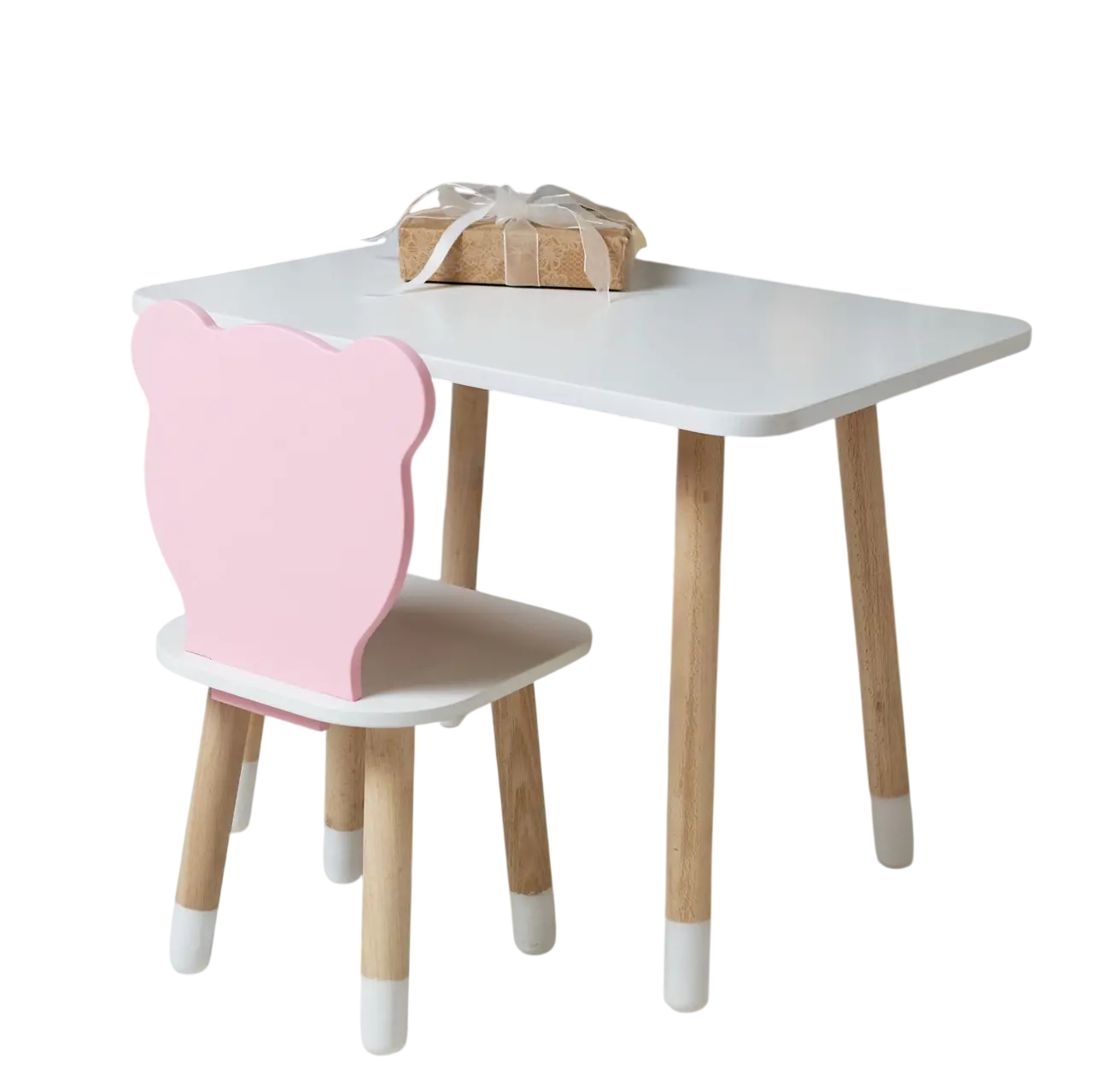 Набор детский прямоугольный столик со стульчиком Медвежонок деревянный 46х60х45 см Бело-розовый (150-7-230411)
