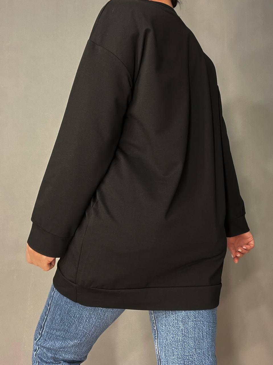 Свитшот женский LSK 6011 удлиненный туника вышивка спереди OXFORD пайетки OS Черный (1870) - фото 3