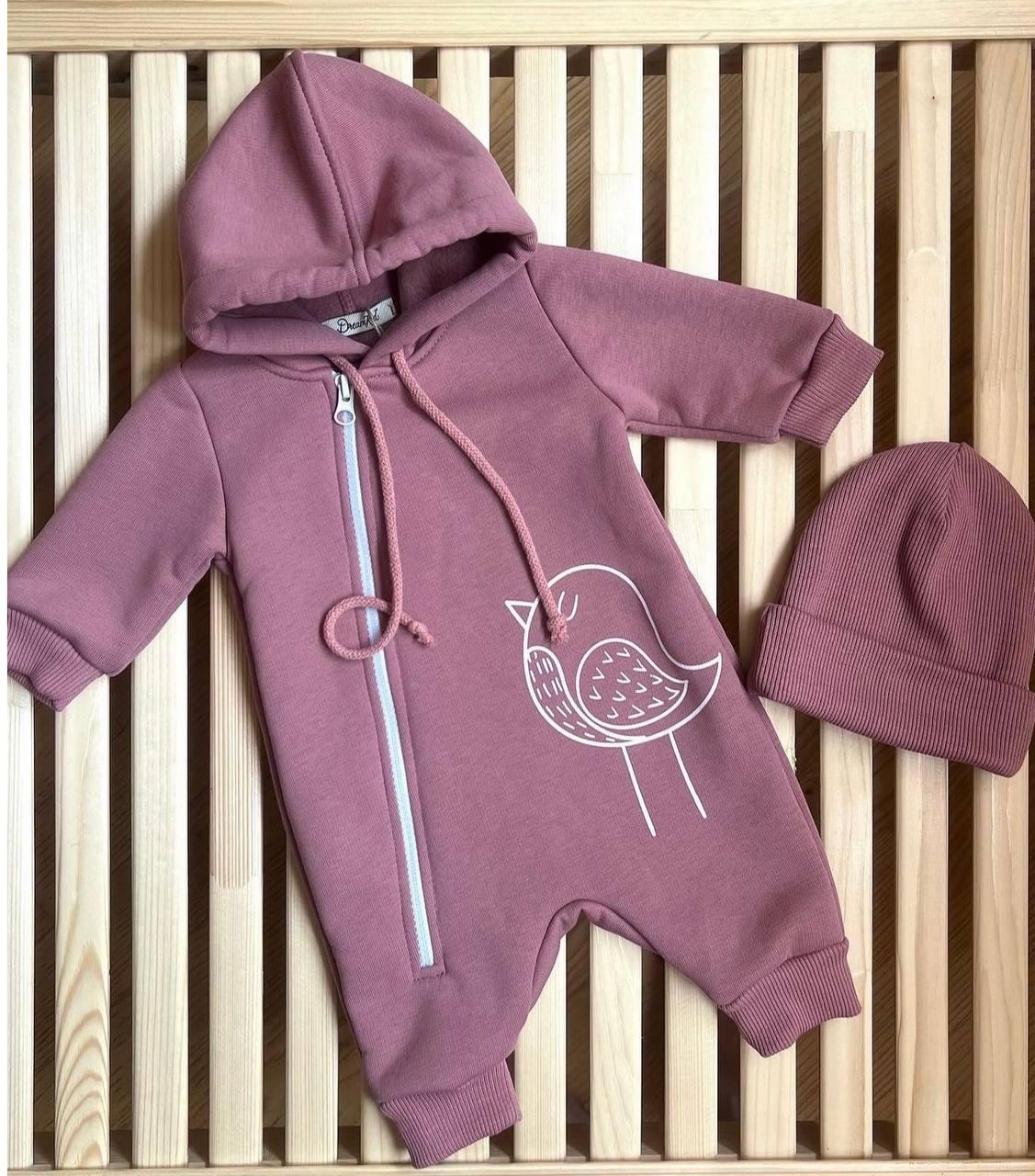 Комбинезон ромпер утепленный с шапочкой DreamKid 56 см Пильная роза