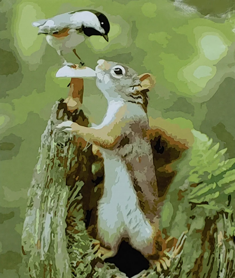 Картина по номерам Strateg Премиум Белочка с птичкой с лаком и уровнем 40x50 см (SY6930)