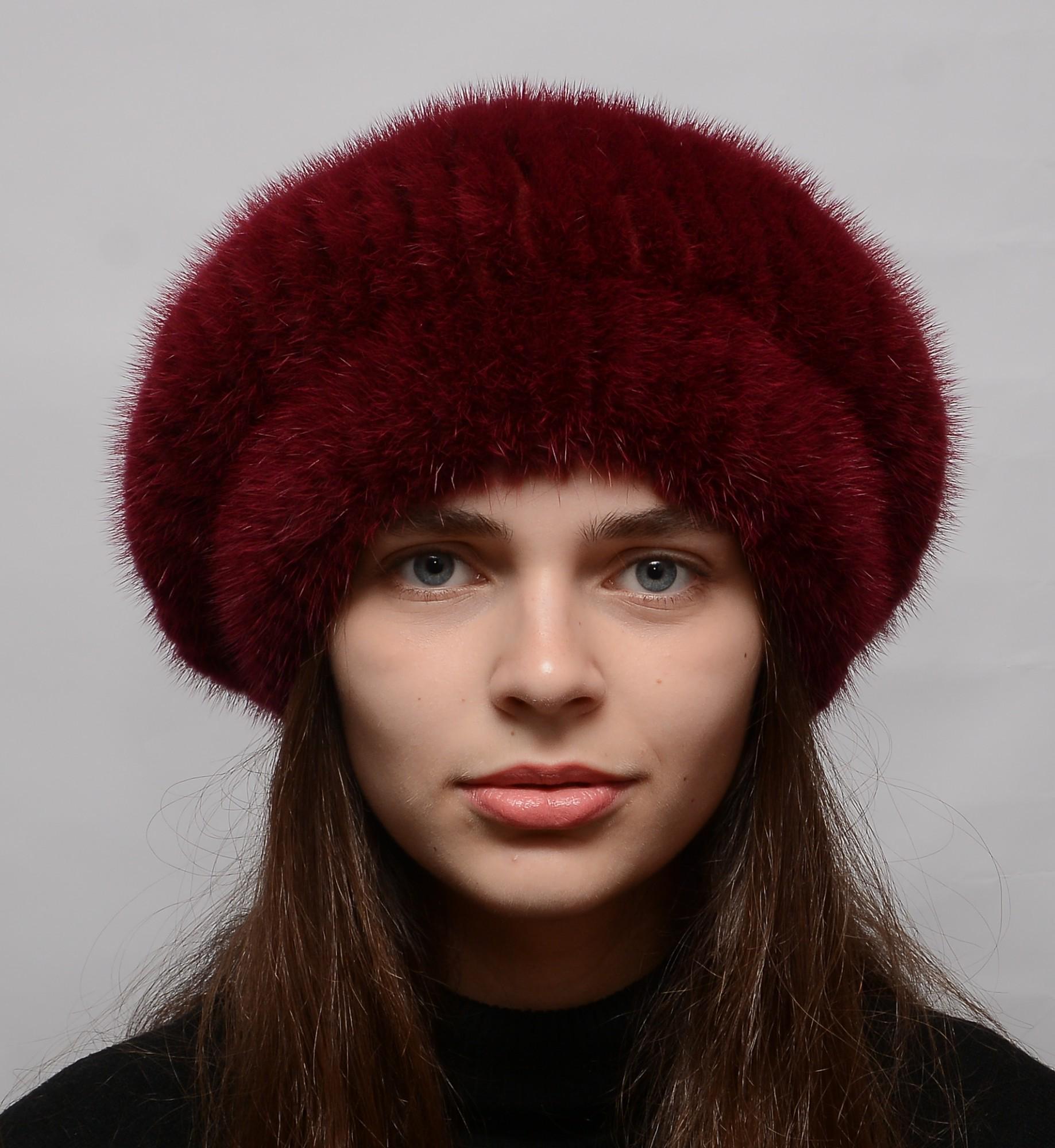 Зимний берет из меха норки Меховой стиль Шарик XL-XXL Марсала (110/G)