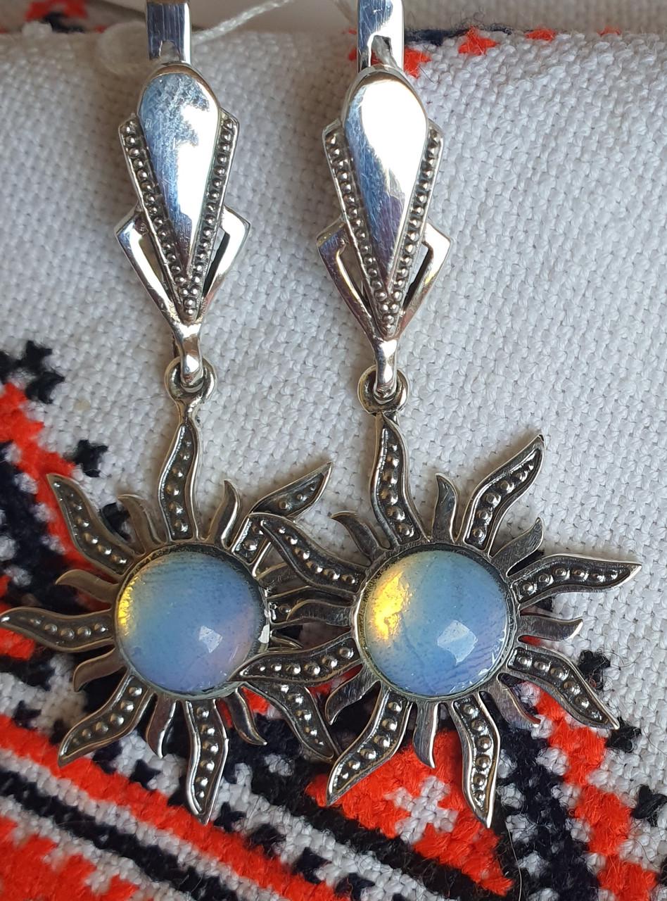 Серебряные серьги Солнце с камнями вставка лунный камень английская застежка 925 проба (2793119348)
