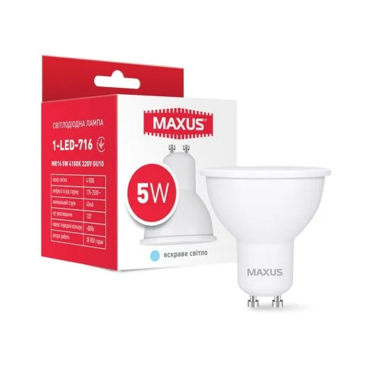 Лампа светодиодная Maxus 1-LED-716 MR16 5W 4100K 220V GU10 (22049552)