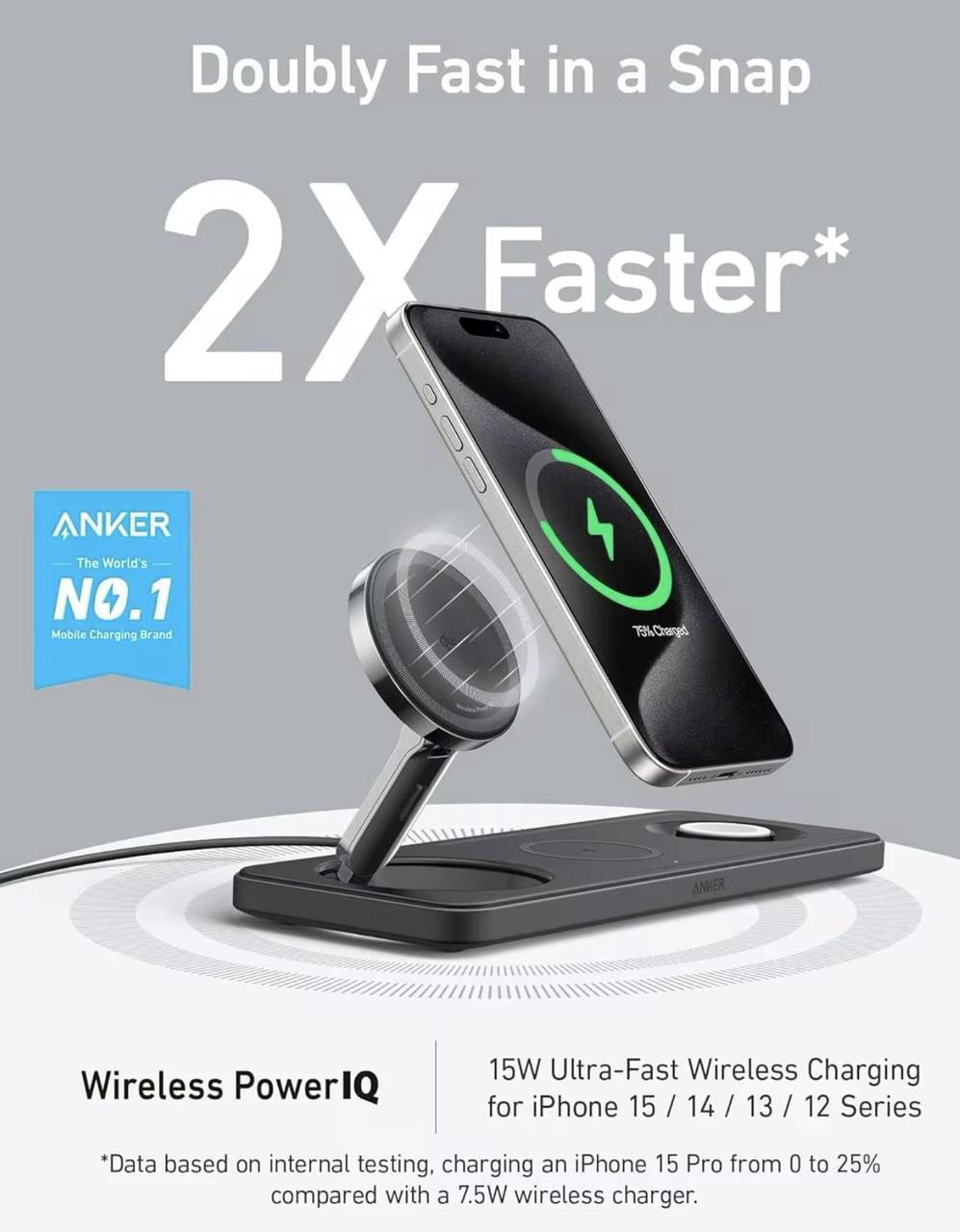 Док-станція Anker Foldable Wireless Charging Qi2 15W Ultra-Fast з блоком живлення 40W для iPhone White - фото 6