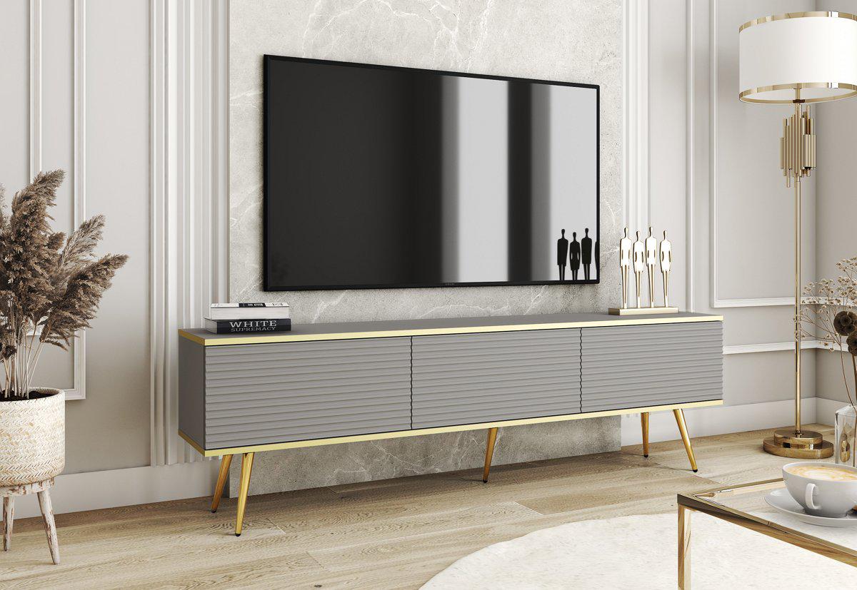 Тумба під телевізор Perfect Home Oro RTV175 MDF 3-дверна з золотими ніжками Сірий (PFH-091342)