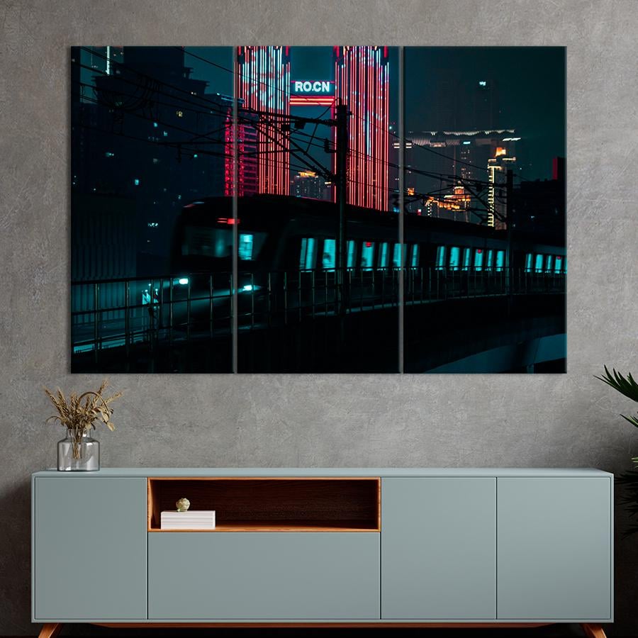 Картина город Быстрый поезд метро в ночном городе 78x48 см (A778-3)