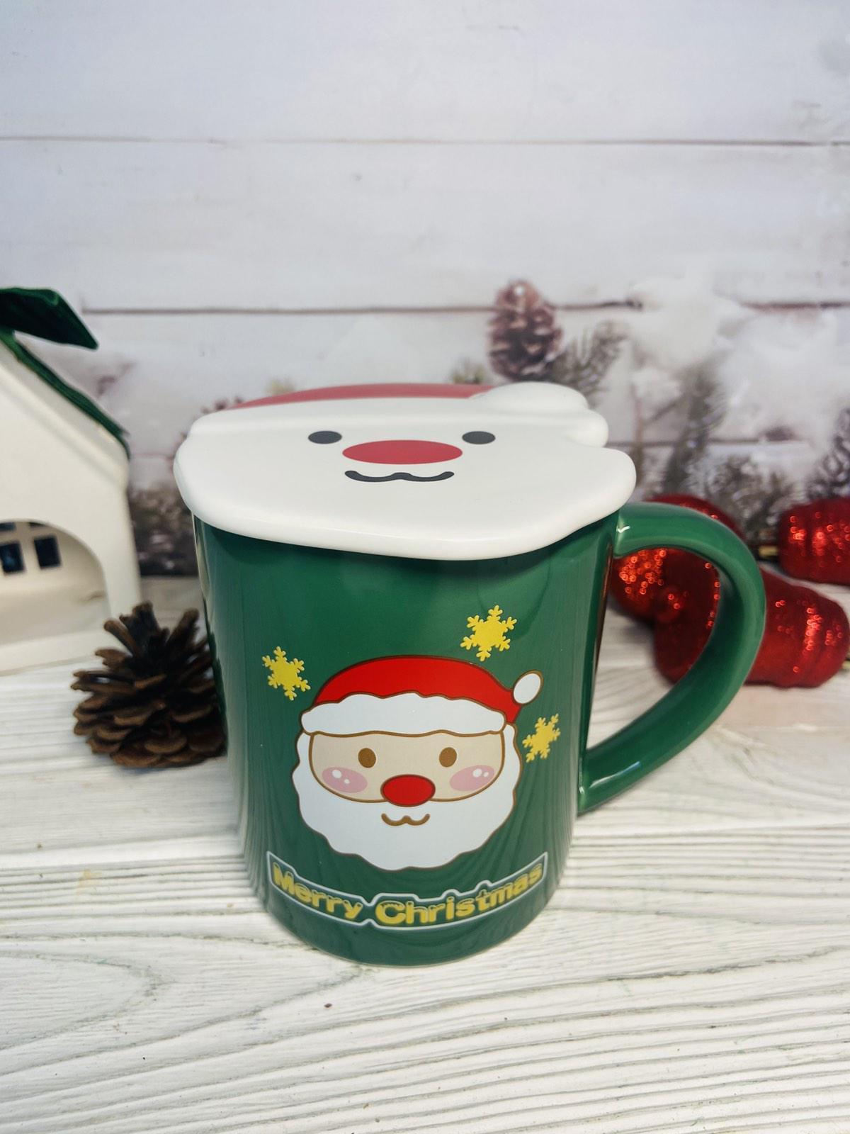 Чашка керамічна Новорічний санта з кришкою і ложкою 380 мл (60834)