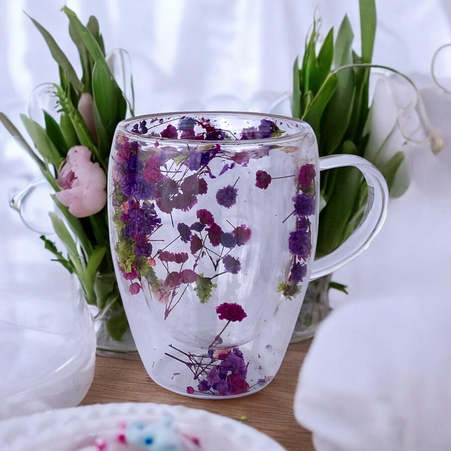 Чашка с двойным дном с цветами 350 мл Прозрачный (4097) - фото 2 Чашка с двойным дном с цветами 350 мл Прозрачный (4097) - фото 2