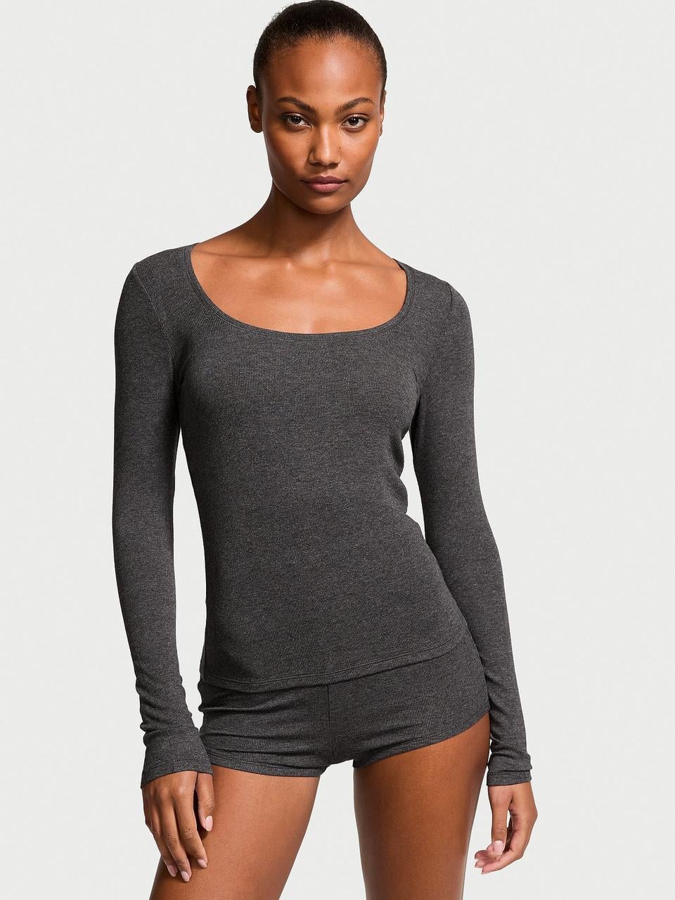 Піжама жіноча Victoria's Secret SoSoft™ Modal Ribbed Scoop Long-Sleeve Shortie Set XS Сірий (3022848386)