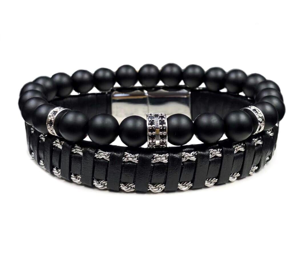 Комплект браслетів зі шкіри та шунгіту з дисками та срібною застібкою р. 16,5 (12051)