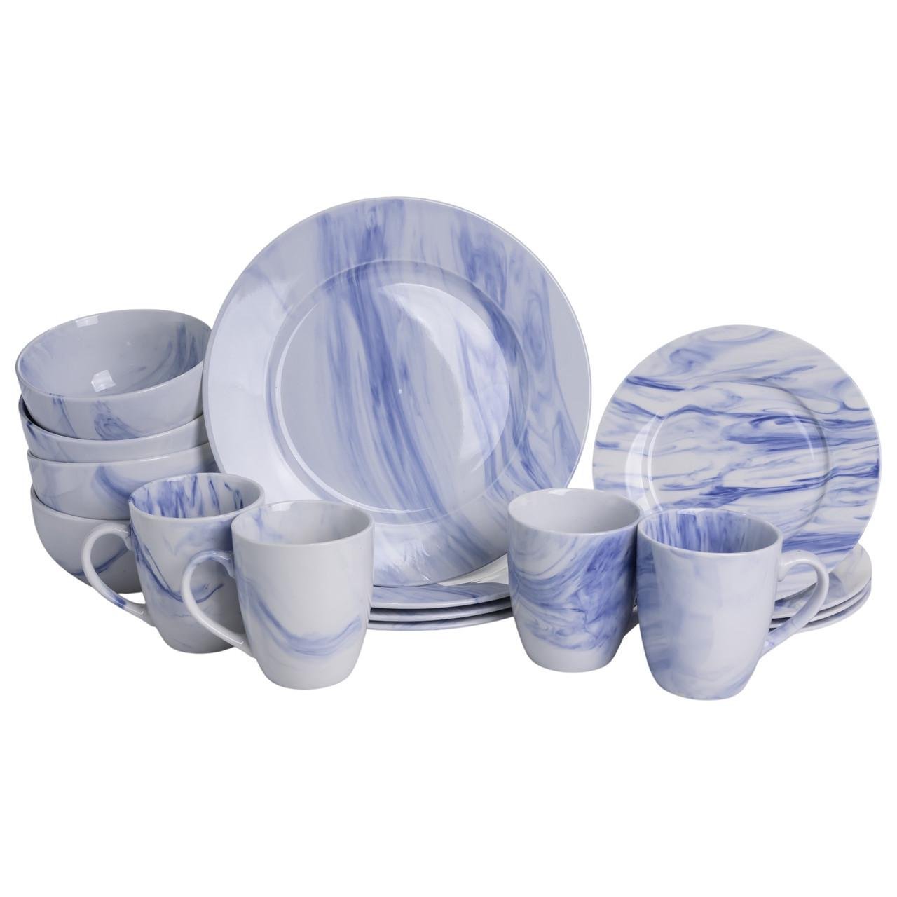 Столовый набор посуды тарелок и чашек Marble Clara 16 предметов на 4 человека фарфоровый Синий (MD-16-3B)