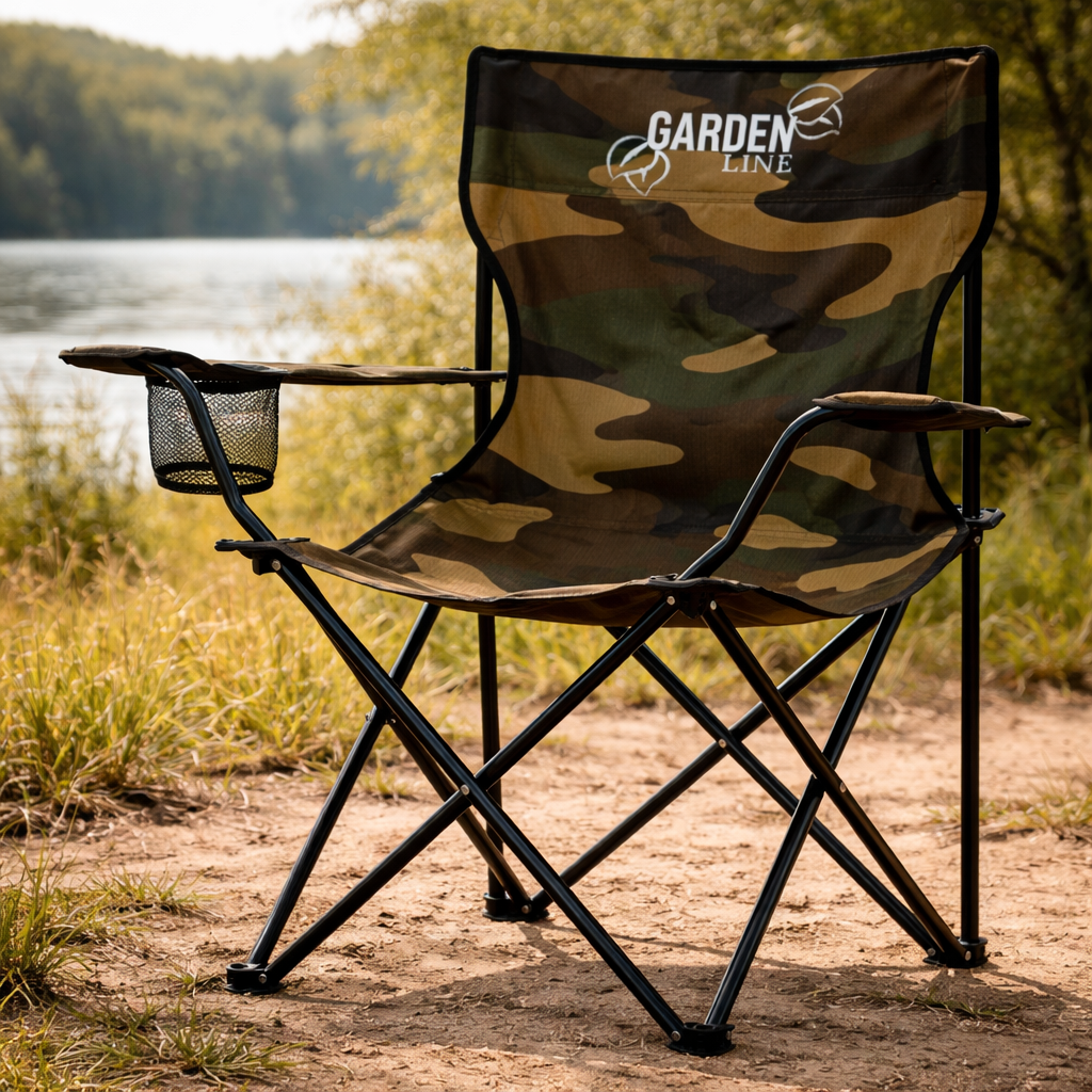 Кресло складное туристическое GardenLine LEZ6858 Паук 50x50x80 см с подлокотниками и мягкой спинкой для активного отдыха Камуфляж/Хаки