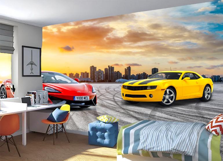 Фотообои флизелиновые в детскую машину желтая и красная 3D 100х100 см (6000)