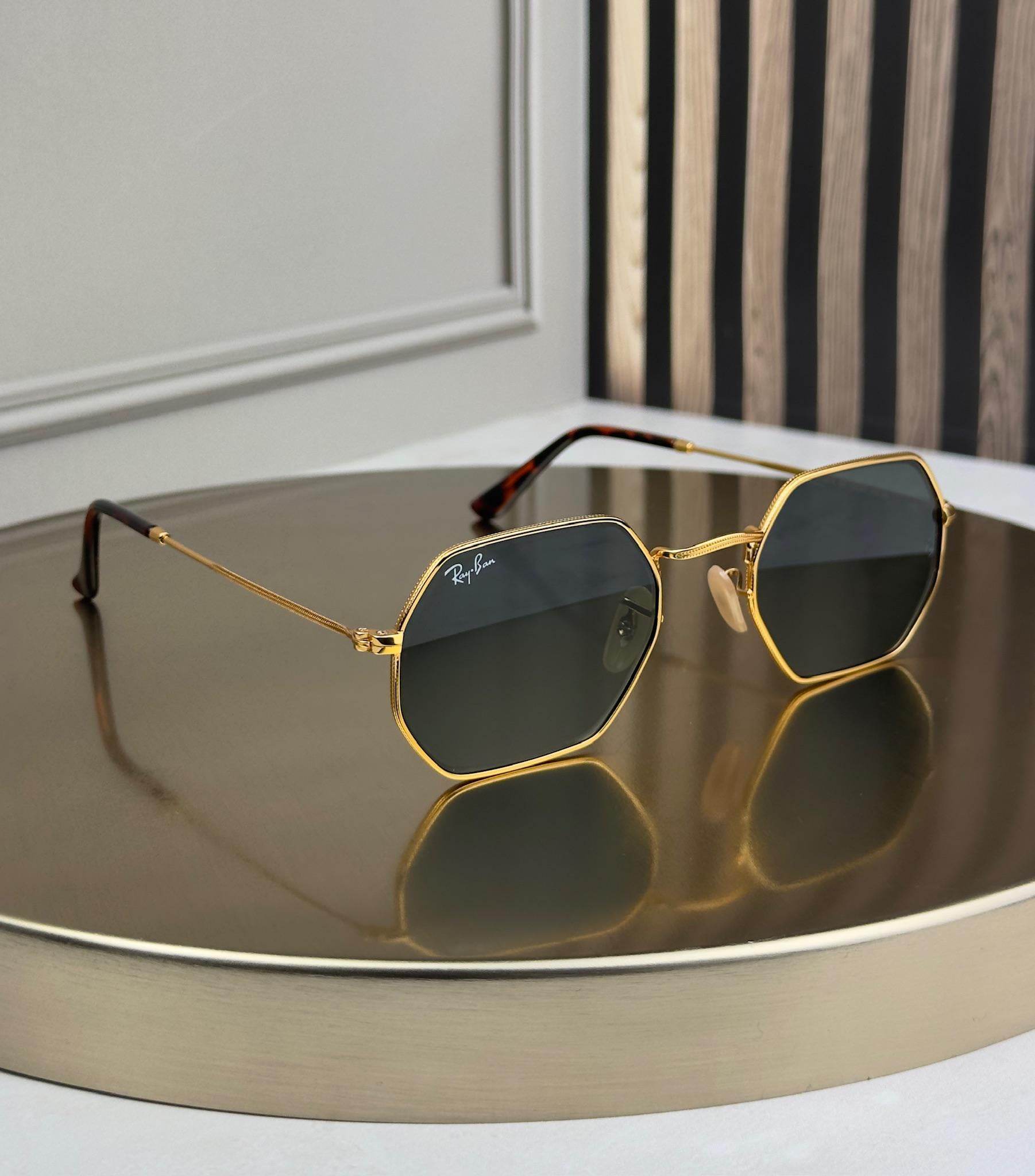 Солнцезащитные очки RAY-BAN RB3556 N Octagonal зеленая линза G15 восьмиугольная Золотой