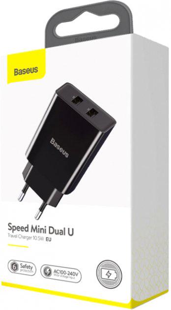 Сетевое зарядное устройство Baseus Speed Mini Dual USB 10,5W Черный (CCFS-R01) - фото 3 Сетевое зарядное устройство Baseus Speed Mini Dual USB 10,5W Черный (CCFS-R01) - фото 3